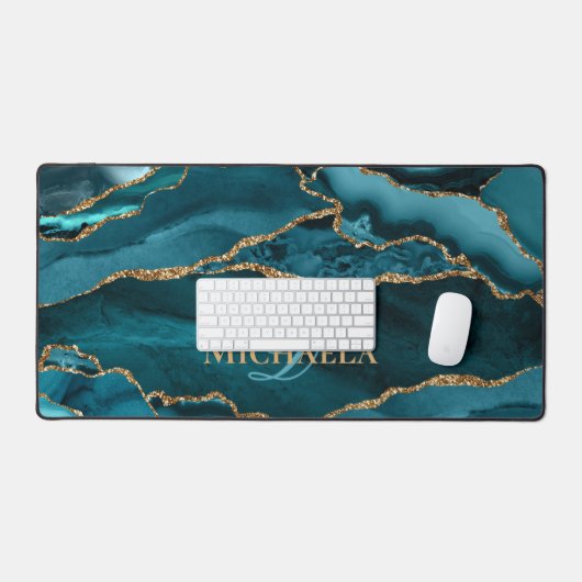 Türkis Aquamarin Agate Geode Gold Glitzer Monogram Schreibtischunterlage (Tastatur & Maus)
