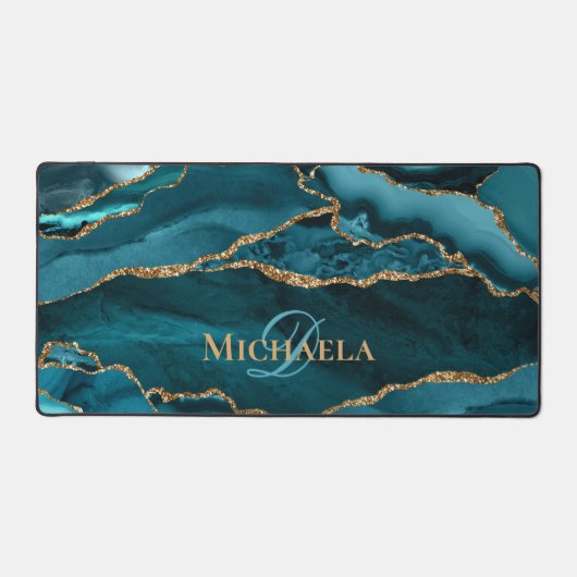 Türkis Aquamarin Agate Geode Gold Glitzer Monogram Schreibtischunterlage (Vorderseite)