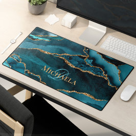 Türkis Aquamarin Agate Geode Gold Glitzer Monogram Schreibtischunterlage