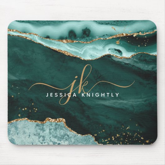 Türkis Aquamarin Agate Gold Glitzer Script Monogra Mousepad (Vorne)