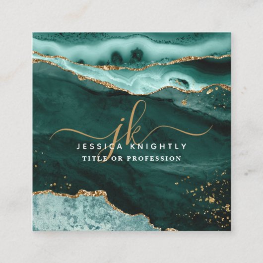 Türkis Aquamarin Agate Gold Glitzer Script Monogra Quadratische Visitenkarte (Vorderseite)