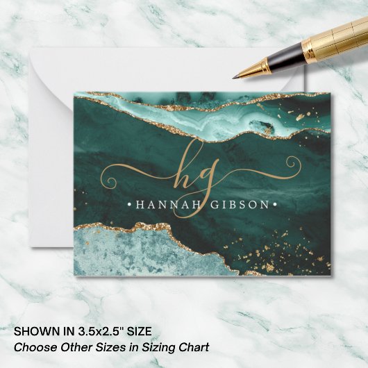 Türkis Aquamarin Agate Monogram Script Gold Glitze Mitteilungskarte