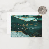 Türkis Aquamarin Agate Monogram Script Gold Glitze Mitteilungskarte (Vorderseite/Rückseite Beispiel)
