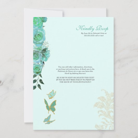 Türkis Aquamarin Blue Rose Butterfly Quinceanera Einladung (Rückseite)