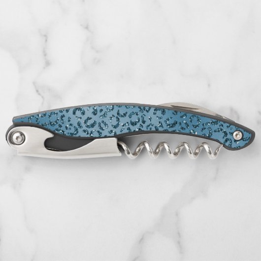 Türkis Aquamarin Leopard Print Glitzer Kellnermesser (Vorderseite)