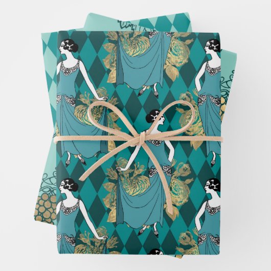 Türkis - Aquamarin und Gold Pariser Art Deco Geschenkpapier Set (Beispiel)