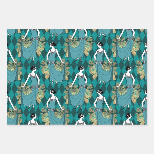 Türkis - Aquamarin und Gold Pariser Art Deco Geschenkpapier Set (Vorderseite)