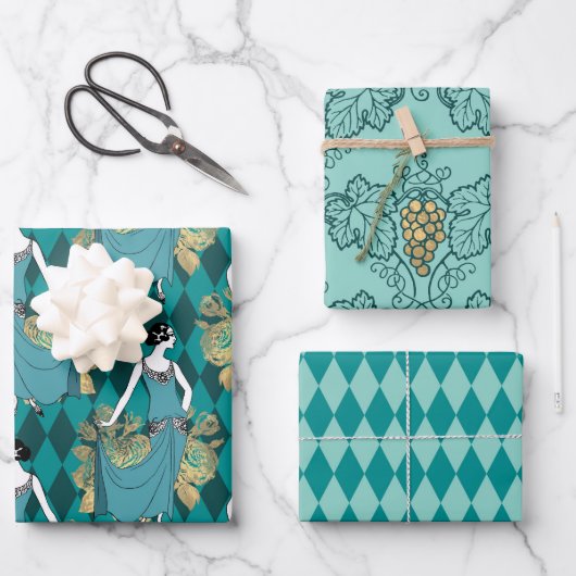 Türkis - Aquamarin und Gold Pariser Art Deco Geschenkpapier Set (Vorderseite)