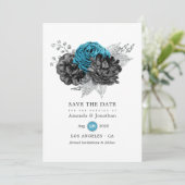 Türkis - Aquamarine Schwarz- und Silberblume Save The Date (Stehend Vorderseite)