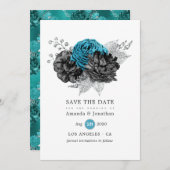 Türkis - Aquamarine Schwarz- und Silberblume Save The Date (Vorne/Hinten)