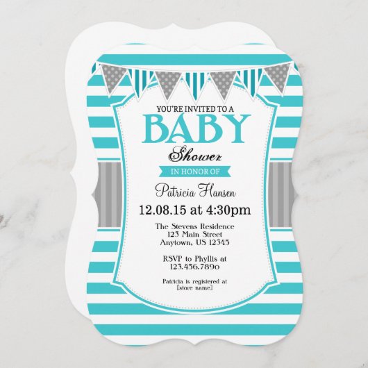 Türkis-aquamarines Grau Stripes Einladung (Vorne/Hinten)
