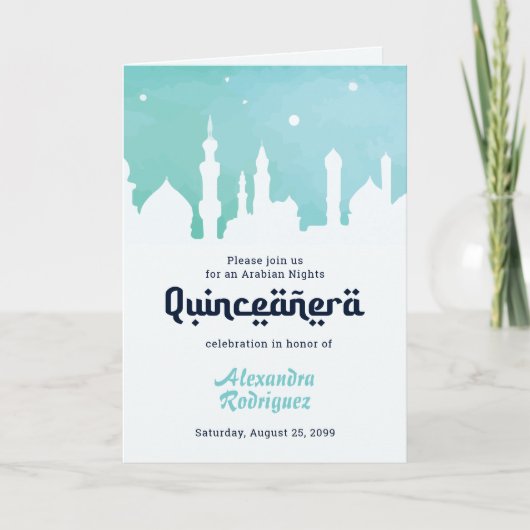 Türkis Arabian Nights Wasserfarbe Quinceñera Einladung (Vorderseite)