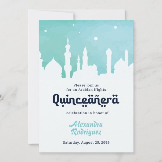 Türkis Arabian Nights Wasserfarbe Quinceñera Einladung (Vorderseite)