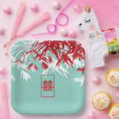 Türkis Bamboo Blätter Double Xi Chinesische Hochze Pappteller (Party)