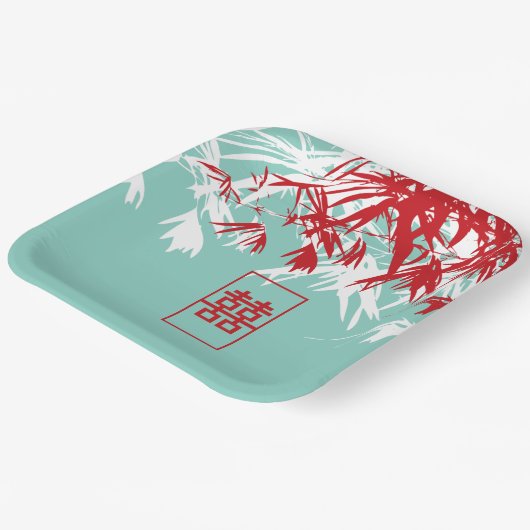 Türkis Bamboo Blätter Double Xi Chinesische Hochze Pappteller (Gewinkelt)