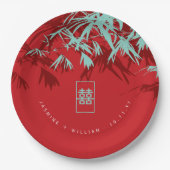 Türkis Bamboo Blätter Double Xi Chinesische Hochze Pappteller (Vorderseite)