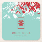 Türkis Bamboo Blätter Double Xi Chinesische Hochze Rechteckiger Pappuntersetzer (Vorderseite)