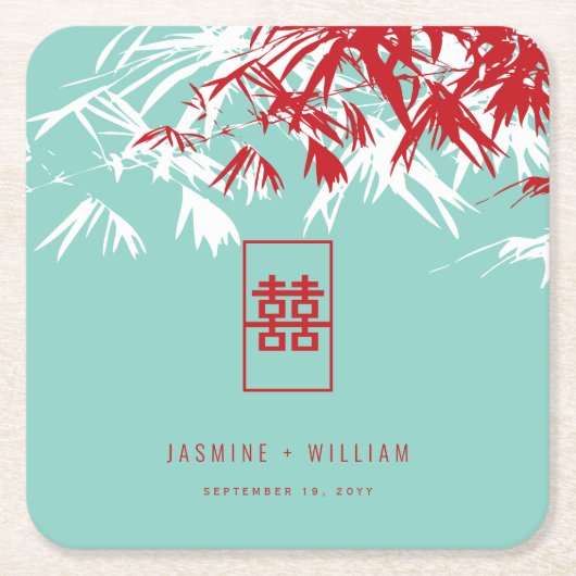 Türkis Bamboo Blätter Double Xi Chinesische Hochze Rechteckiger Pappuntersetzer (Vorderseite)