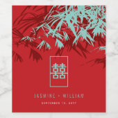 Türkis Bamboo Blätter Double Xi Chinesische Hochze Weinetikett (Einzelnes Label)