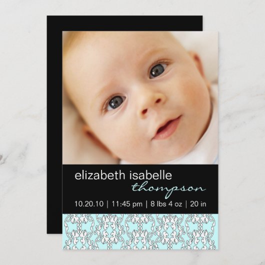 Türkis Baroque Baby Girl Foto Ankündigung (Vorne/Hinten)