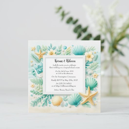 Türkis Beach Thema Hochzeit Einladung (Stehend Vorderseite)