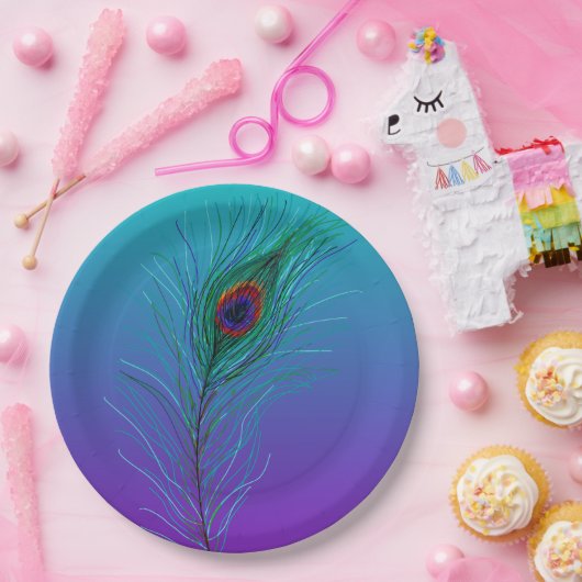 Türkis bis Lila Pfauenfederhalter Pappteller (Party)