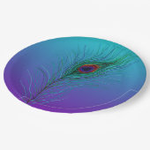 Türkis bis Lila Pfauenfederhalter Pappteller (Schrägansicht)