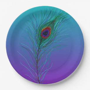 Türkis bis violette Pfauenfeder Pappteller