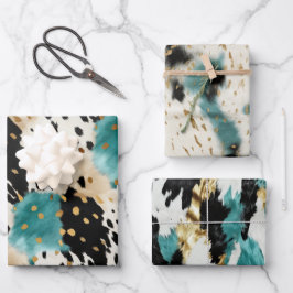 Türkis Black Cream Gold Western Cowgirl Cowhide Geschenkpapier Set