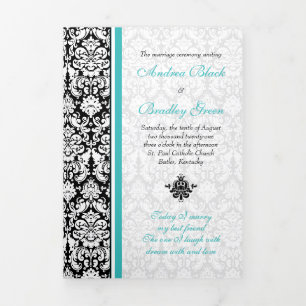 Türkis Black Damask Tri-Fold Hochzeitsprogramm Dreifach-gefaltete Programmkarte