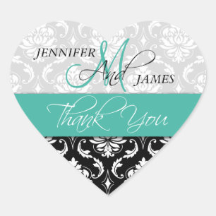 Türkis Black Damask Wedding Favor Heart Sticker