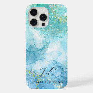Türkis Blau Aquarellfarben Tinte Glitzer individue iPhone 15 Pro Max Hülle