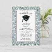 Türkis-Blau-Damast-Abschluss-Einladung Einladung (Stehend Vorderseite)