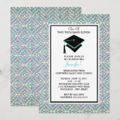 Türkis-Blau-Damast-Abschluss-Einladung Einladung (Vorne/Hinten)