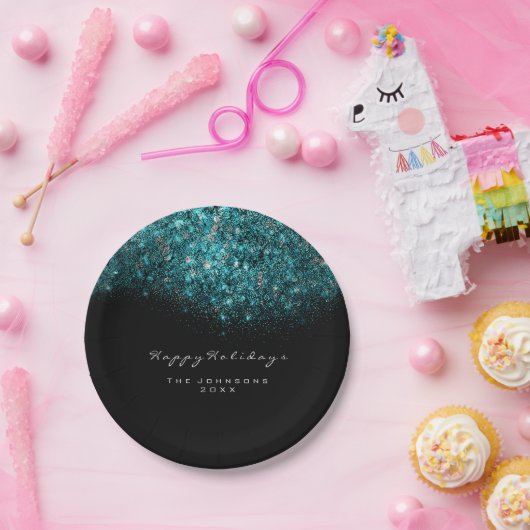 Türkis Blau Funkelnd Glitzer Schwarz-weiß Urlaub Pappteller (Party)