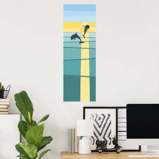 Türkis-blau Gelber Sonnenuntergang Dolphin Vector  Poster (Heimbüro)