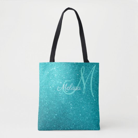 Türkis Blau Glitzer und Glitzern Mit Monogramm Tasche (Vorderseite)