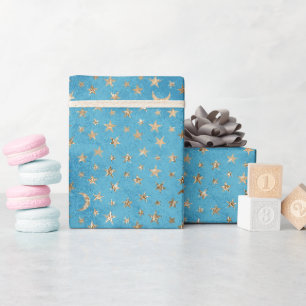 Türkis Blau Gold Sterne und Monde Geschenkpapier