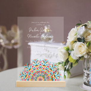 Türkis Blau Pink abstraktes Mandala-Hochzeit Acryleinladungen
