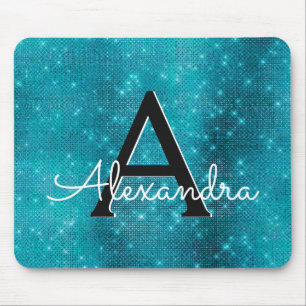 Türkis-Blau-Schein-Girly Monogramm-Name Mousepad