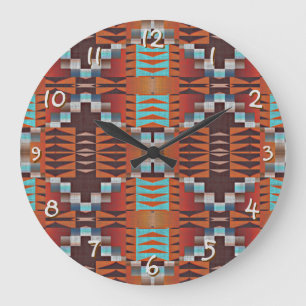 Türkis Blau Siena Orange Rote BrownTribal Art Große Wanduhr