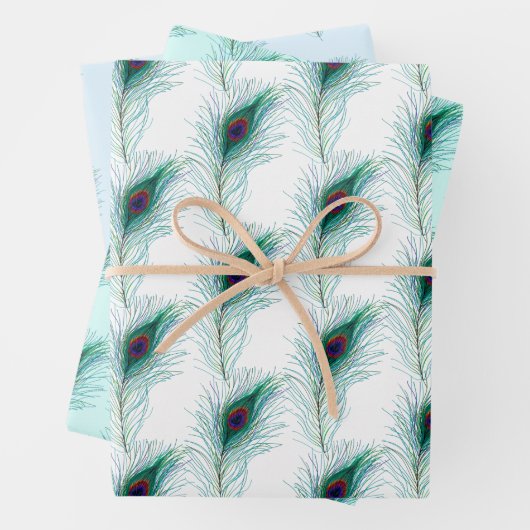 Türkis, Blau und Lila Pfauenfedern Geschenkpapier Set (Beispiel)