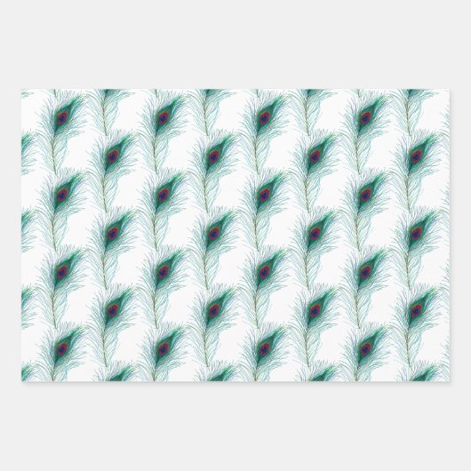 Türkis, Blau und Lila Pfauenfedern Geschenkpapier Set (Vorderseite)