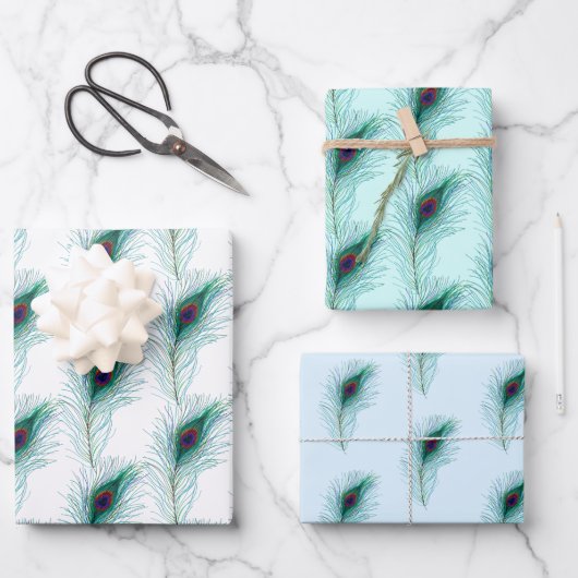 Türkis, Blau und Lila Pfauenfedern Geschenkpapier Set (Vorderseite)