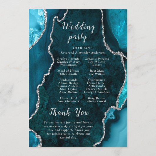 Türkis Blau und Silber Achat Hochzeitsprogramm Programm (Rückseite)