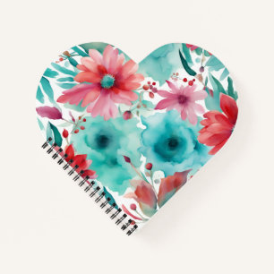 Türkis blaue rote Aquarell-Frühlingsblumen   Notizblock