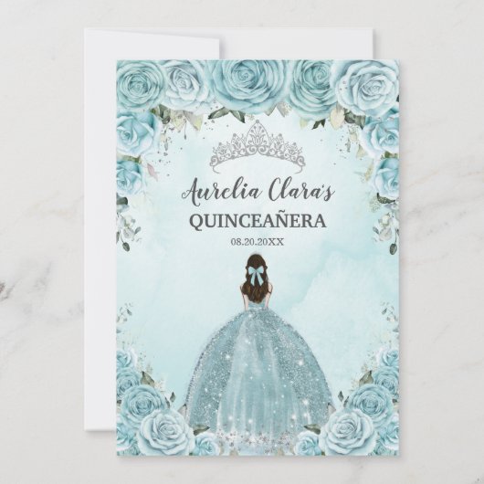Türkis Blauer Blumenprinzessin Silver Quinceañera Einladung (Rückseite)