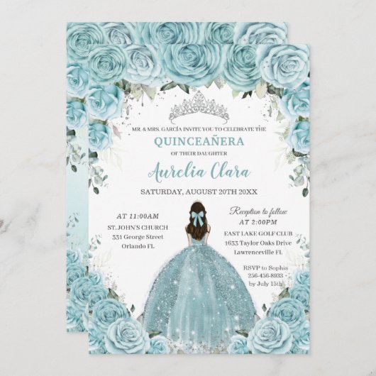 Türkis Blauer Blumenprinzessin Silver Quinceañera Einladung (Vorne/Hinten)