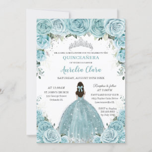 Türkis Blauer Blumenprinzessin Silver Quinceañera Einladung