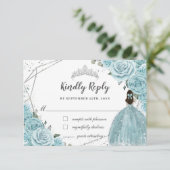 Türkis Blauer Floral Silver Quinceñera Princess RSVP Karte (Stehend Vorderseite)
